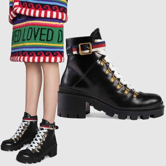 GUCCI BOOTS SYLVIE WEB LACE-UP BLACK LEATHER ANKLE BOOTIE sz 37 / 7 - Picture 1 of 15